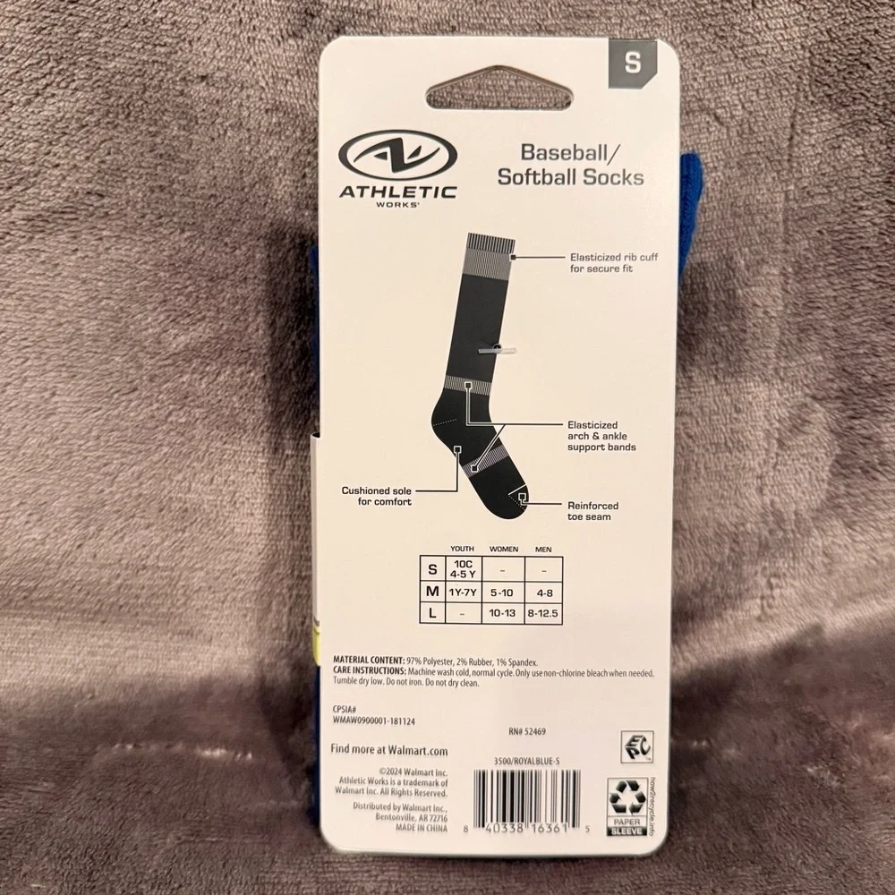 Athletics Works Blue Baseball/ Softball unisex youth size small 2-pk socks